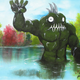 Illustration for article titled Painter adds giant monsters to drab yard sale landscape paintings